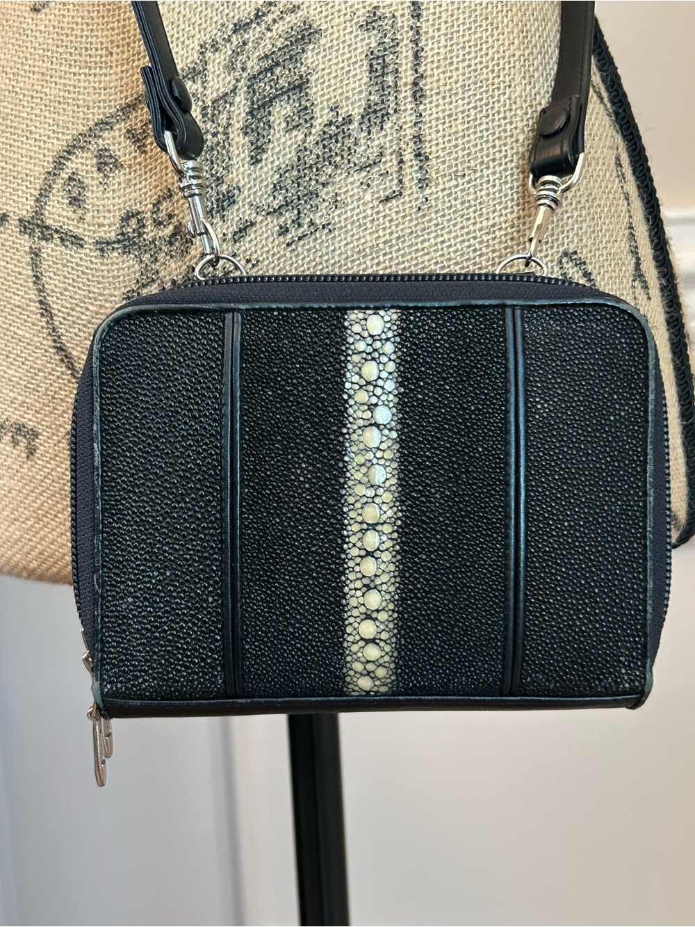 J.C. Mittso Black Leather Stingray Zip Around Wallet Shagreen Clutch